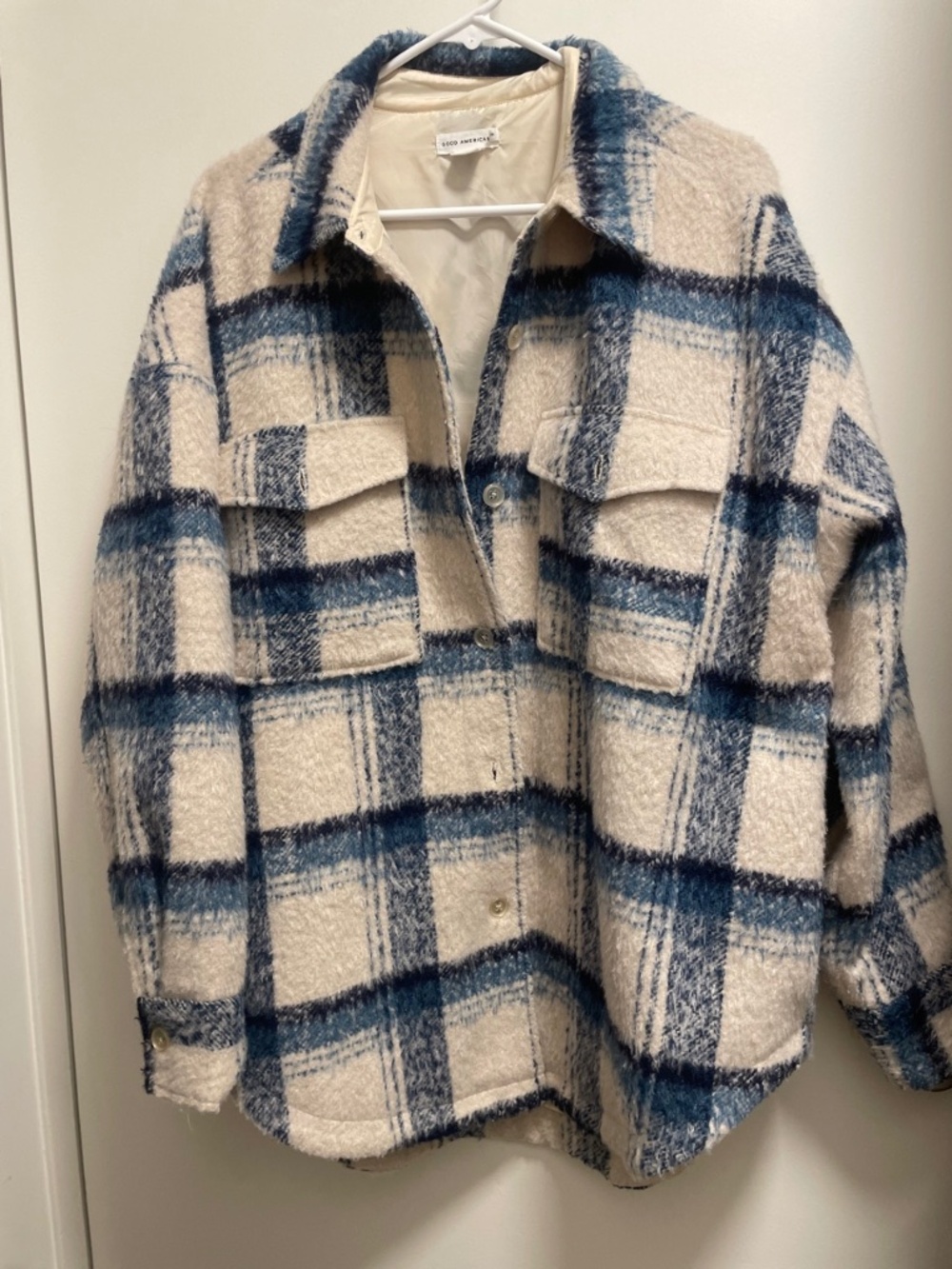 GOOD AMERICAN Blue and cream plaid flannel, fully lined jacket
